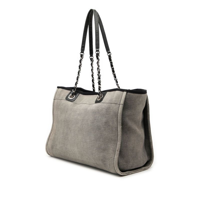 Chanel CC Logo Deauville MM Chain Tote Shoulder Bag Gray Canvas Leather — view 2