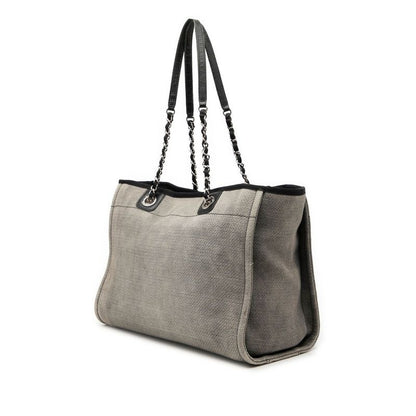 Chanel CC Logo Deauville MM Chain Tote Shoulder Bag Gray Canvas Leather — view 2