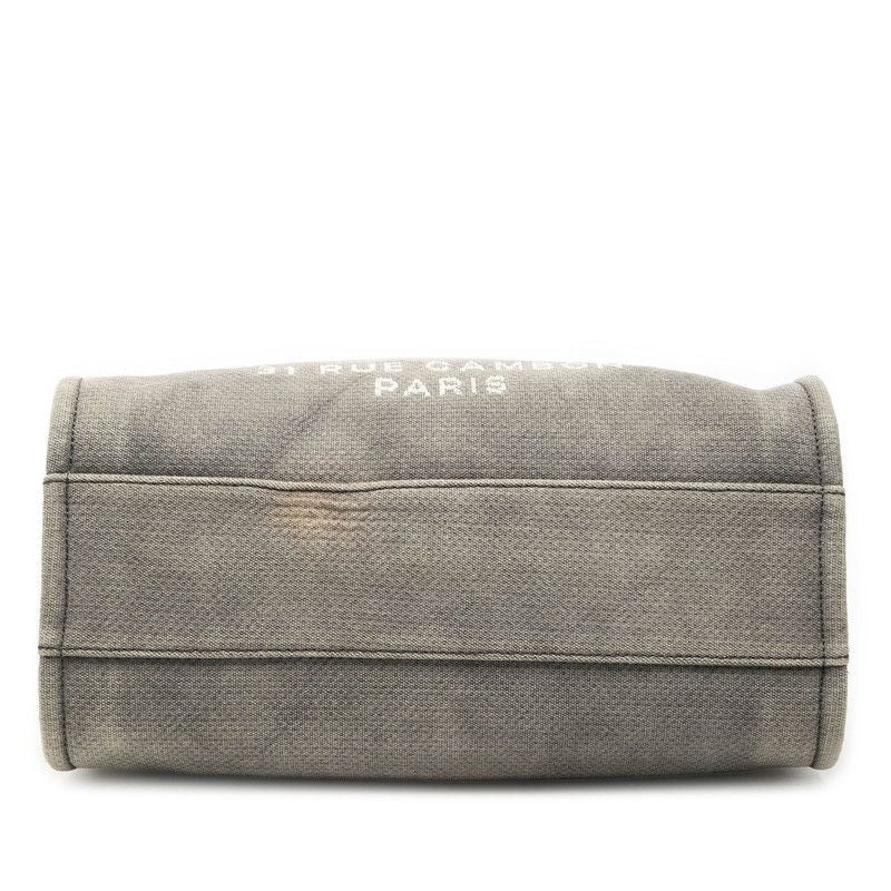 Chanel CC Logo Deauville MM Chain Tote Shoulder Bag Gray Canvas Leather — view 3