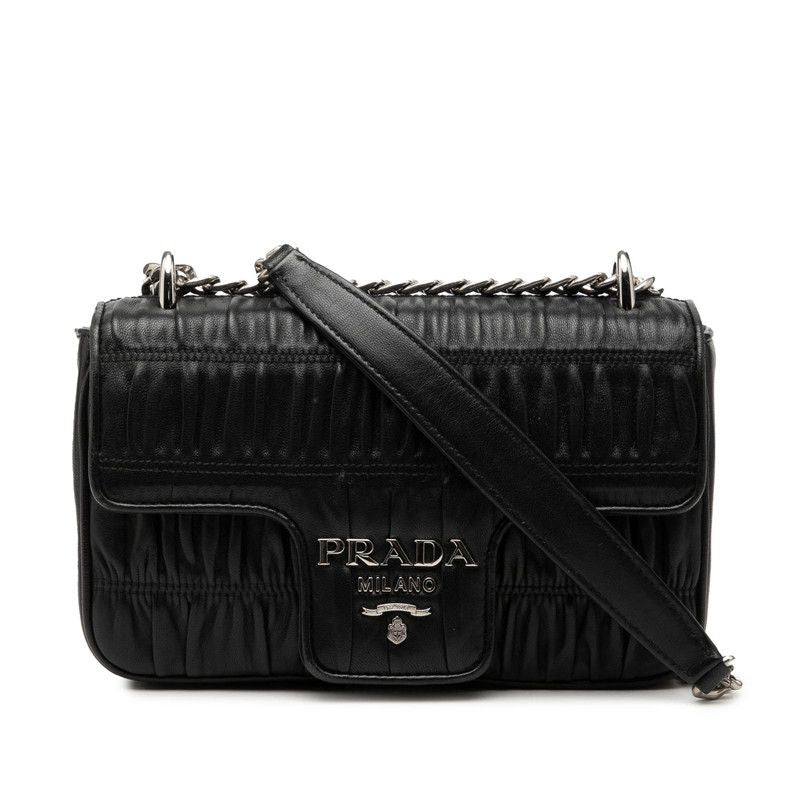 Prada Nappa Gourmet Full Gathered Crossbody Chain Shoulder Bag Nero Black