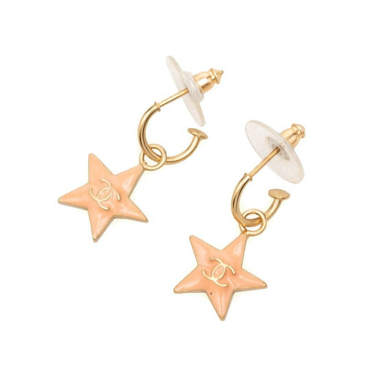 Chanel CC Logo Star Earrings Pink Beige Gold Enamel Plated