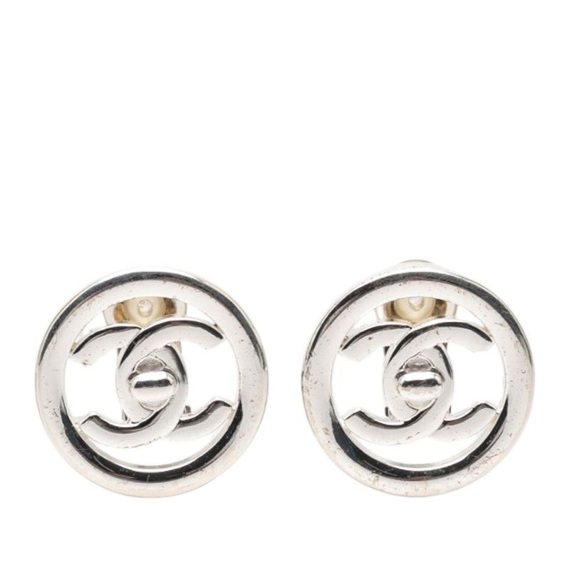 Chanel CC Logo Turnlock Vintage Earrings Silver Metal