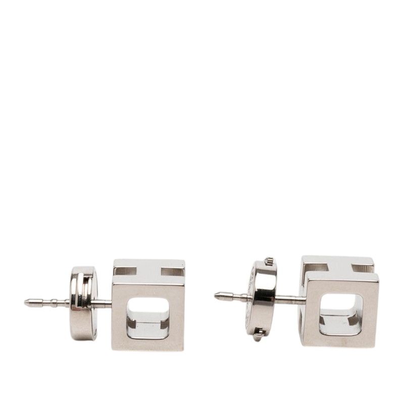 Hermes Cage de Ash Cube Stud Earrings Silver Metal — view 3