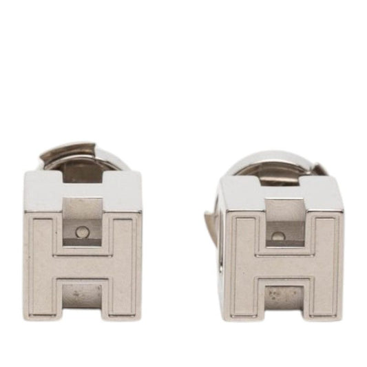 Hermes Cage de Ash Cube Stud Earrings Silver Metal