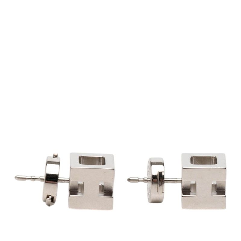 Hermes Cage de Ash Cube Stud Earrings Silver Metal — view 4