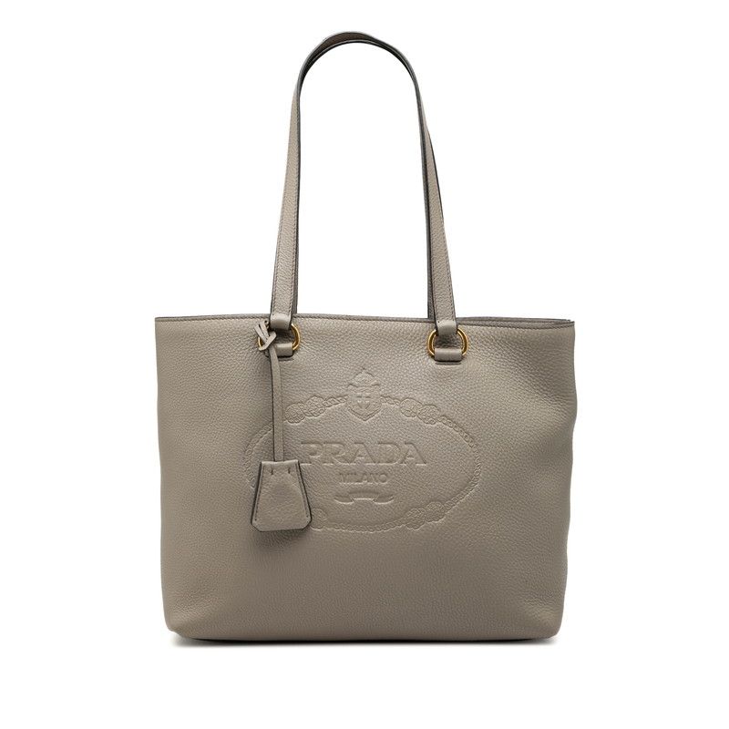 Prada Logo Embossed Tote Shoulder Bag Gray Leather