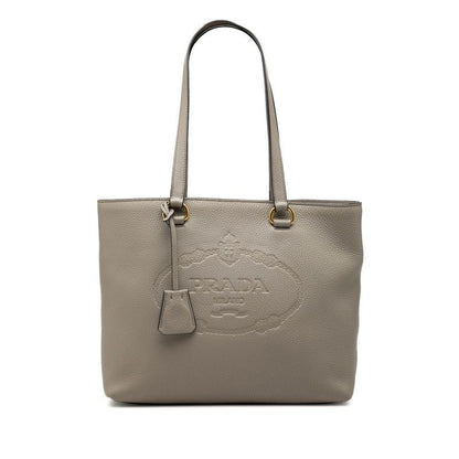 Prada Logo Embossed Tote Shoulder Bag Gray Leather