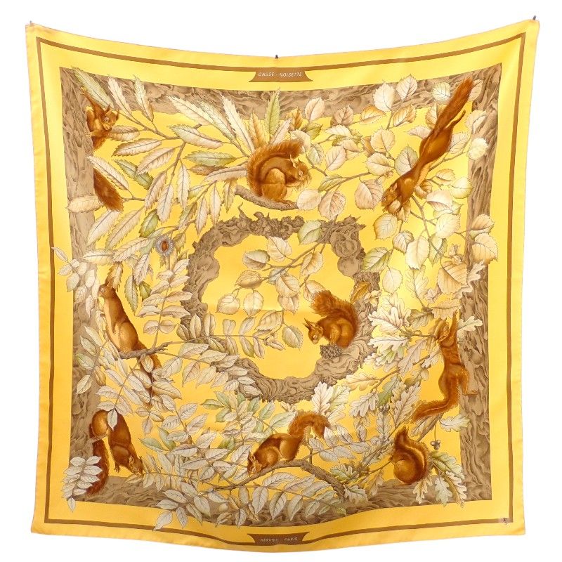 Hermes Carre 90 Casse Noisette Nutcracker Scarf Silk Yellow Squirrel Animal