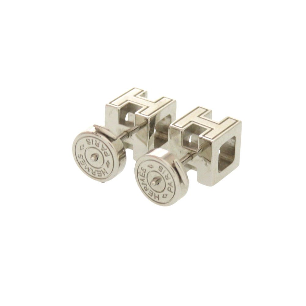 Hermes Cage Ash Cube Metal Ivory Silver Earrings — view 3