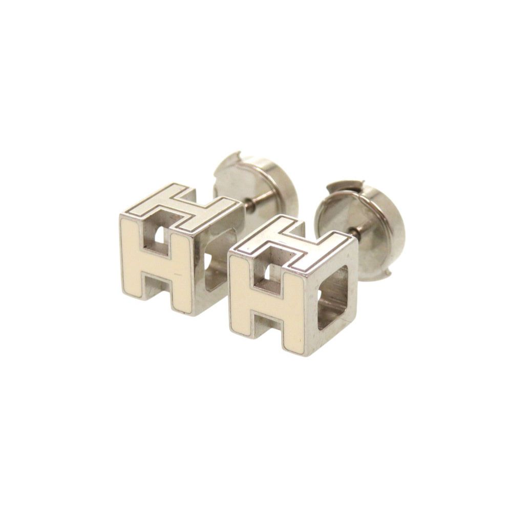 Hermes Cage Ash Cube Metal Ivory Silver Earrings