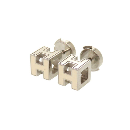 Hermes Cage Ash Cube Metal Ivory Silver Earrings