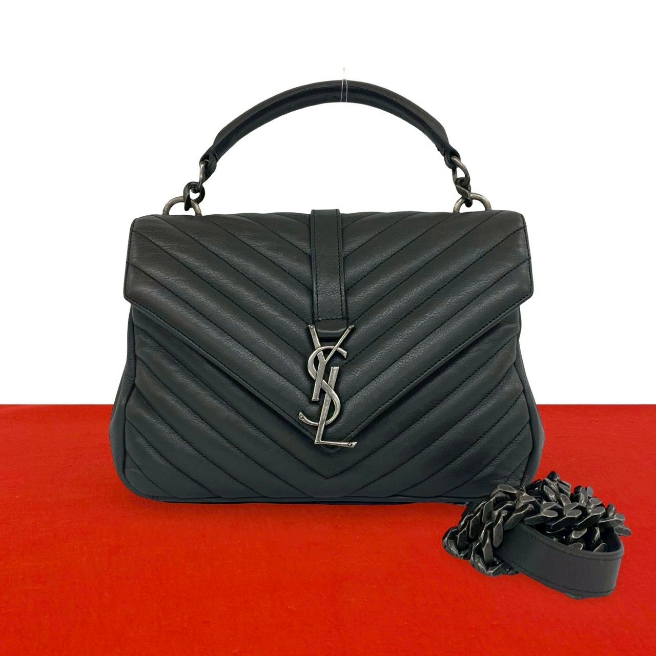 Saint Laurent Paris Carre YSL Logo Stitch Leather 2-Way Shoulder Bag Gray