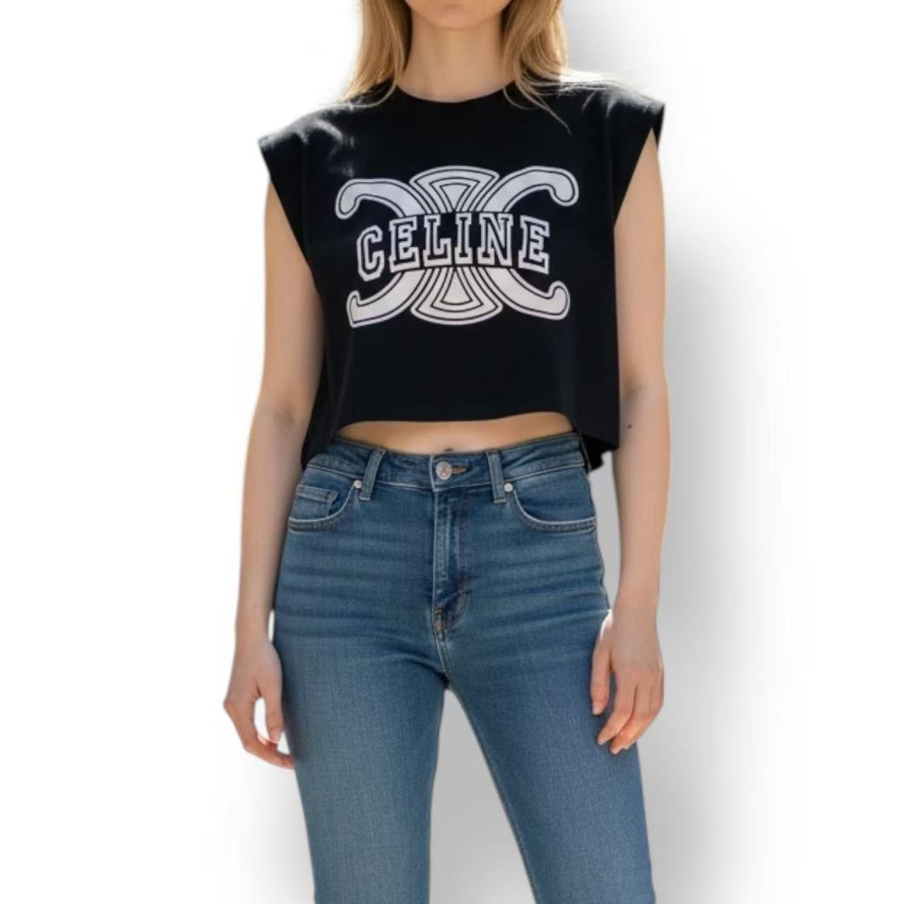 Celine Cropped T-Shirt Print Sleeveless Top Logo Black — view 3