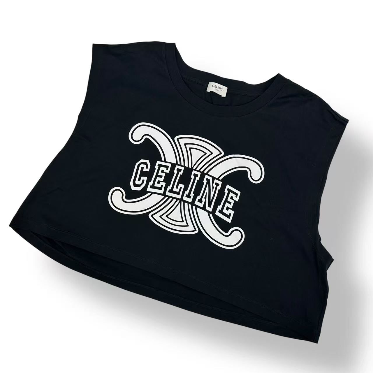 Celine Cropped T-Shirt Print Sleeveless Top Logo Black