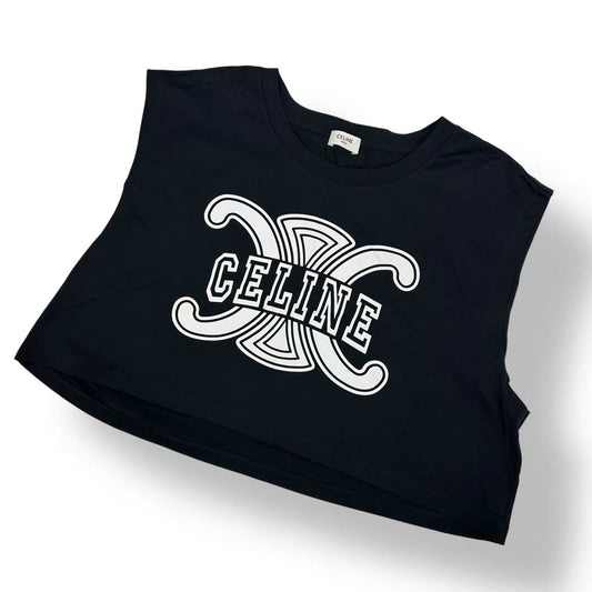 Celine Cropped T-Shirt Print Sleeveless Top Logo Black