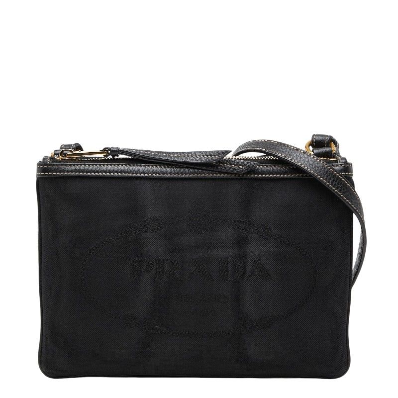 Prada Logo Jacquard Crossbody Shoulder Bag Black Canvas