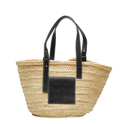 Loewe Basket Shoulder Bag Natural Black Leather Palm Leaf