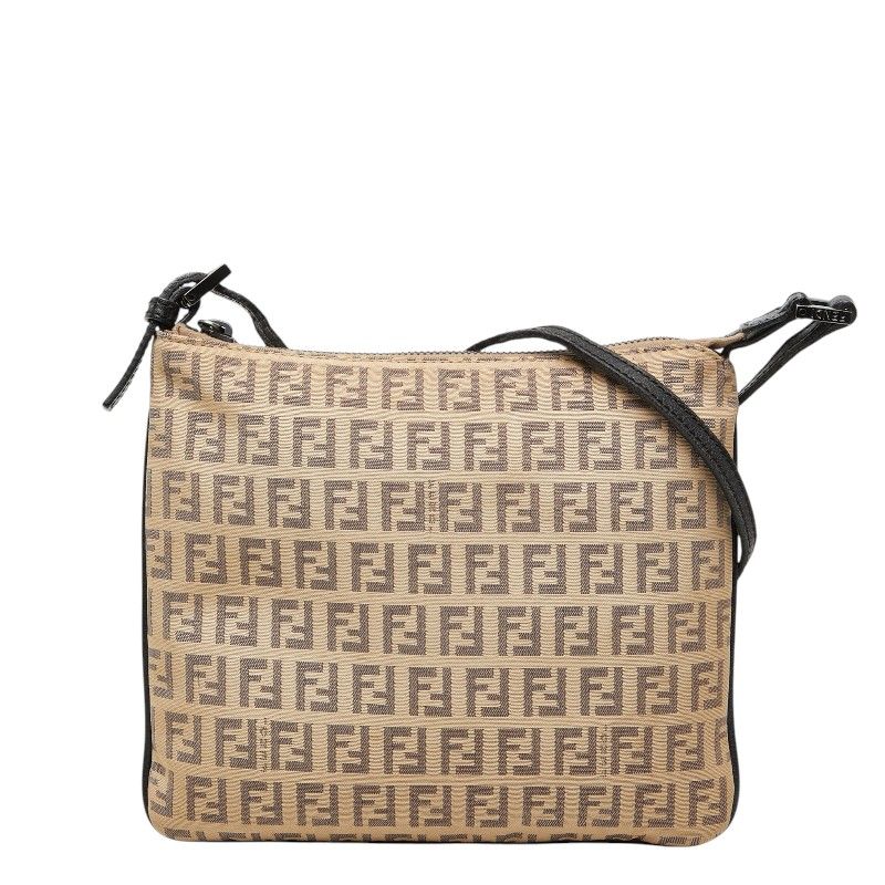 Fendi Zucchino Crossbody Shoulder Bag Beige Canvas Leather