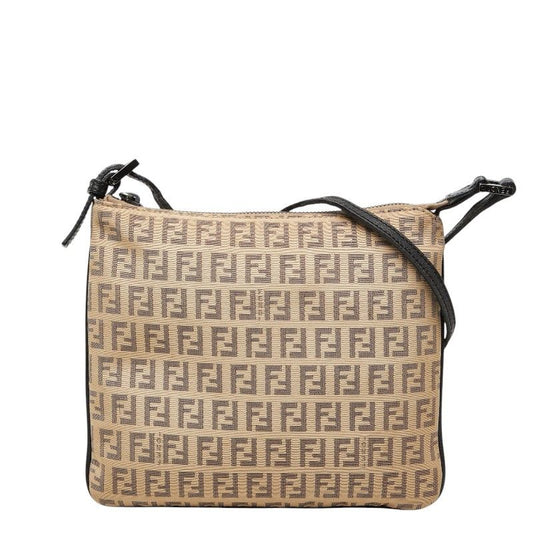 Fendi Zucchino Crossbody Shoulder Bag Beige Canvas Leather