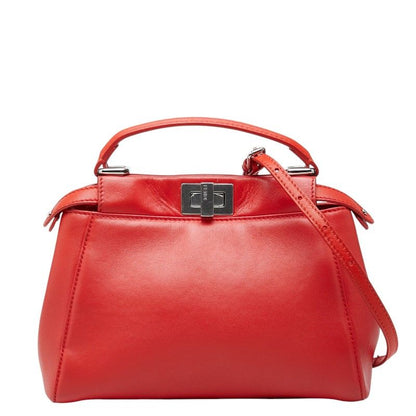 Fendi Mini Peekaboo 2-Way Shoulder Bag Red Silver Leather