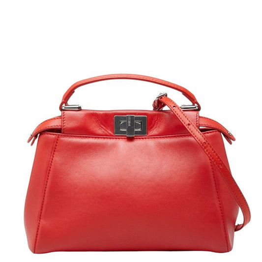 Fendi Mini Peekaboo 2-Way Shoulder Bag Red Silver Leather