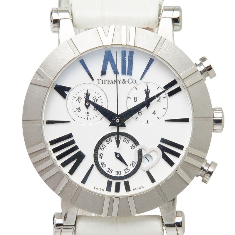 Tiffany & Co Atlas Chronograph Watch White Silver Stainless Steel Leather