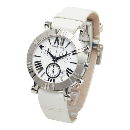 Tiffany & Co Atlas Chronograph Watch White Silver Stainless Steel Leather — view 2