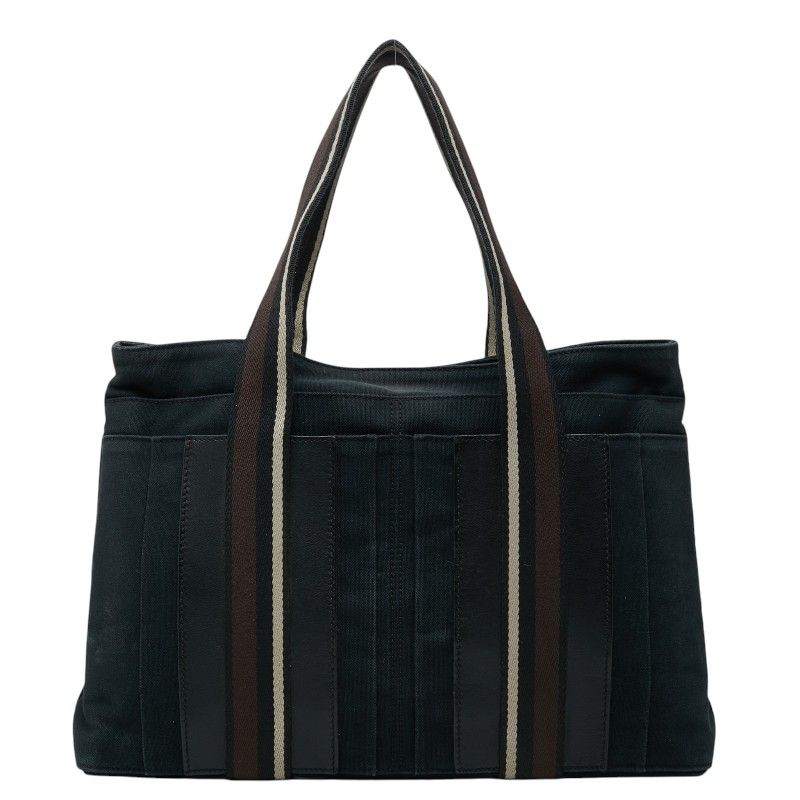 Hermes Troca Horizontal MM Tote Shoulder Bag Black Brown Canvas Leather