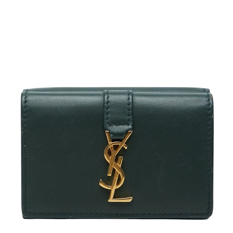 Saint Laurent YSL Logo Trifold Wallet Compact Green Leather
