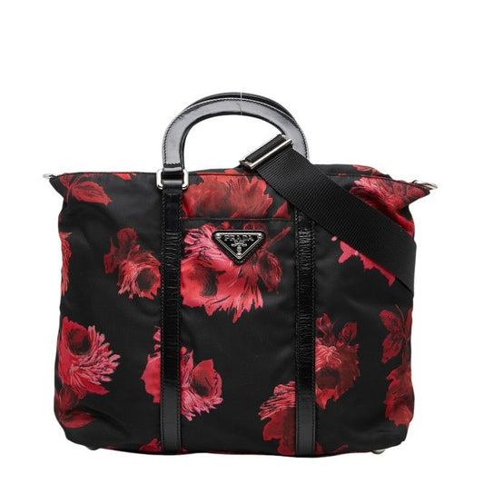Prada Flower Floral 2-Way Shoulder Bag Black Red Nylon Patent