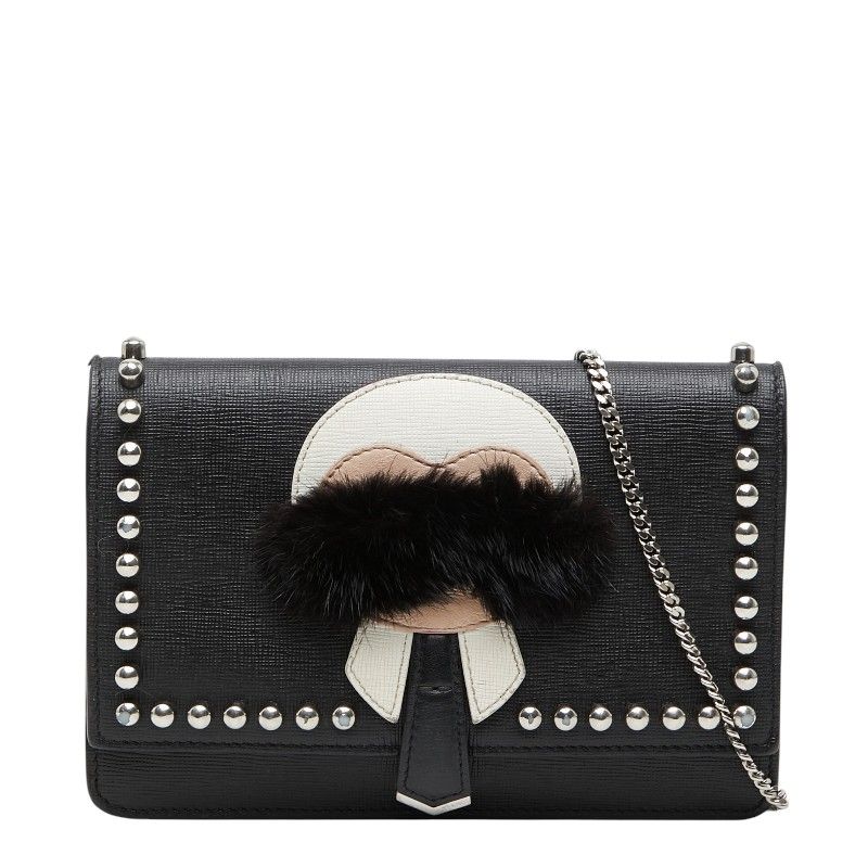 Fendi Carlito Studded Chain Wallet Shoulder Bag Black Multicolor Leather