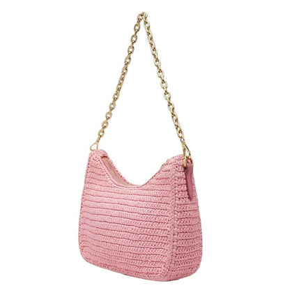 Prada Re Edition Chain Shoulder Bag Pink Raffia Leather — view 2