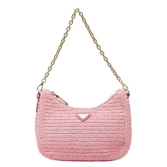 Prada Re Edition Chain Shoulder Bag Pink Raffia Leather
