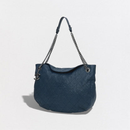 Chanel Wild Stitch Quilted Tote Caviar Leather Blue Gunmetal CC Logo Chain — view 2