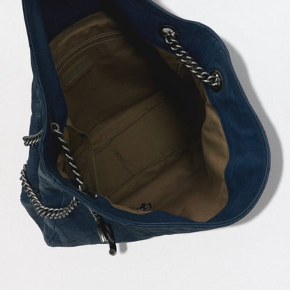 Chanel Wild Stitch Quilted Tote Caviar Leather Blue Gunmetal CC Logo Chain — view 9