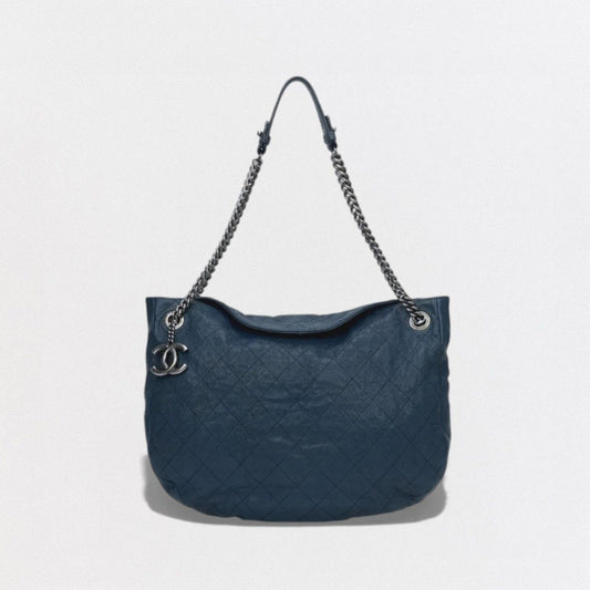 Chanel Wild Stitch Quilted Tote Caviar Leather Blue Gunmetal CC Logo Chain