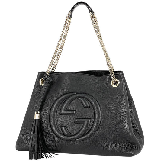 Gucci Soho Chain Shoulder Bag Tote Interlocking Leather Black