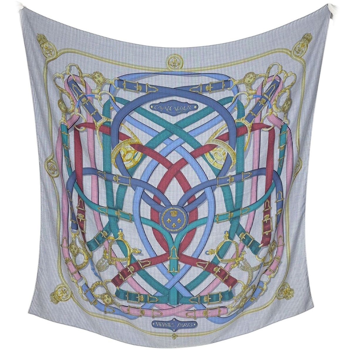 Hermes Carre 140 Cavalcadour Geant Shawl Cashmere Silk Blue Multicolor Scarf