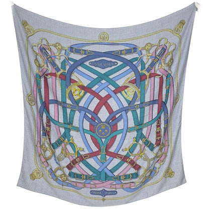 Hermes Carre 140 Cavalcadour Geant Shawl Cashmere Silk Blue Multicolor Scarf