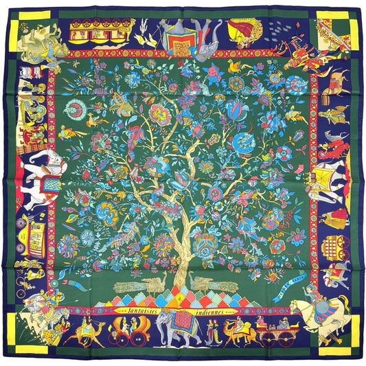 Hermes Carre 90 Fantaisies Indiennes Dazzling India Scarf Silk Green Multicolor