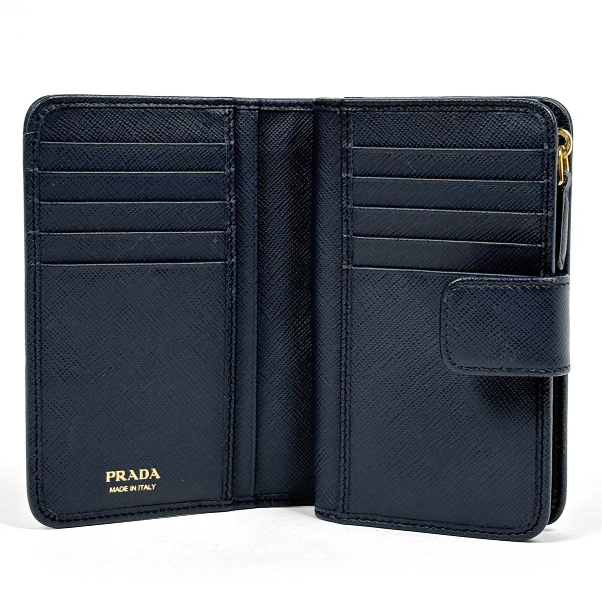 Prada Logo Bifold Wallet L-shaped Zipper Saffiano Leather Navy — view 7