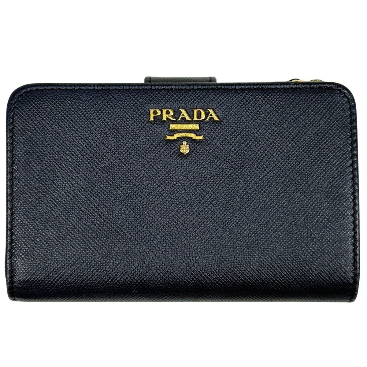 Prada Logo Bifold Wallet L-shaped Zipper Saffiano Leather Navy