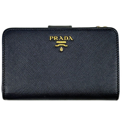 Prada Logo Bifold Wallet L-shaped Zipper Saffiano Leather Navy