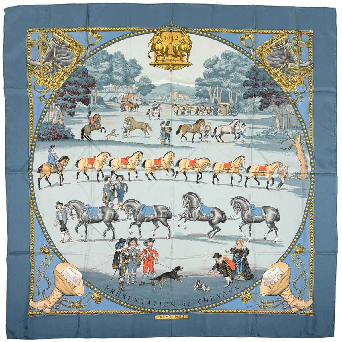 Hermes Carre 90 Presentation de Chevavx Horse Scarf Silk Blue Multicolor