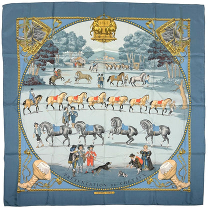 Hermes Carre 90 Presentation de Chevavx Horse Scarf Silk Blue Multicolor
