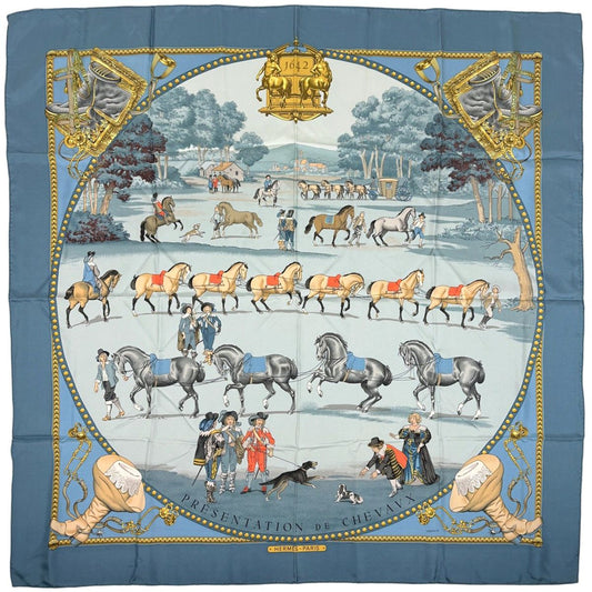 Hermes Carre 90 Presentation de Chevavx Horse Scarf Silk Blue Multicolor