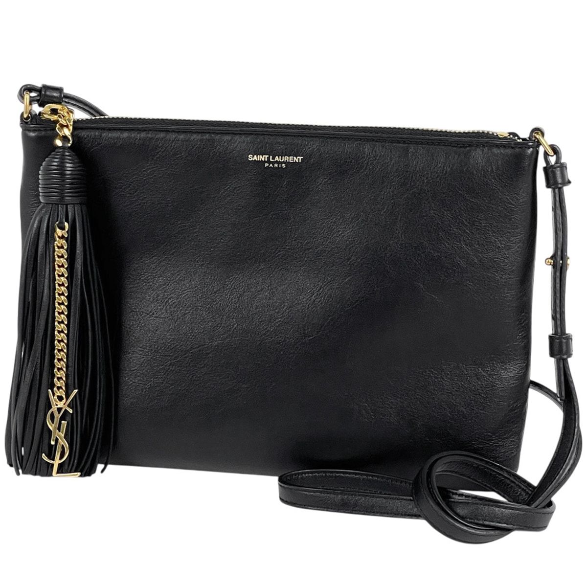 Saint Laurent Logo Shoulder Bag Fringe Leather Black