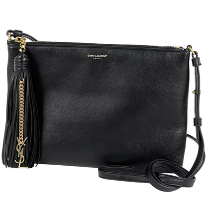 Saint Laurent Logo Shoulder Bag Fringe Leather Black