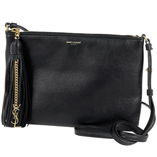 Saint Laurent Logo Shoulder Bag Fringe Leather Black