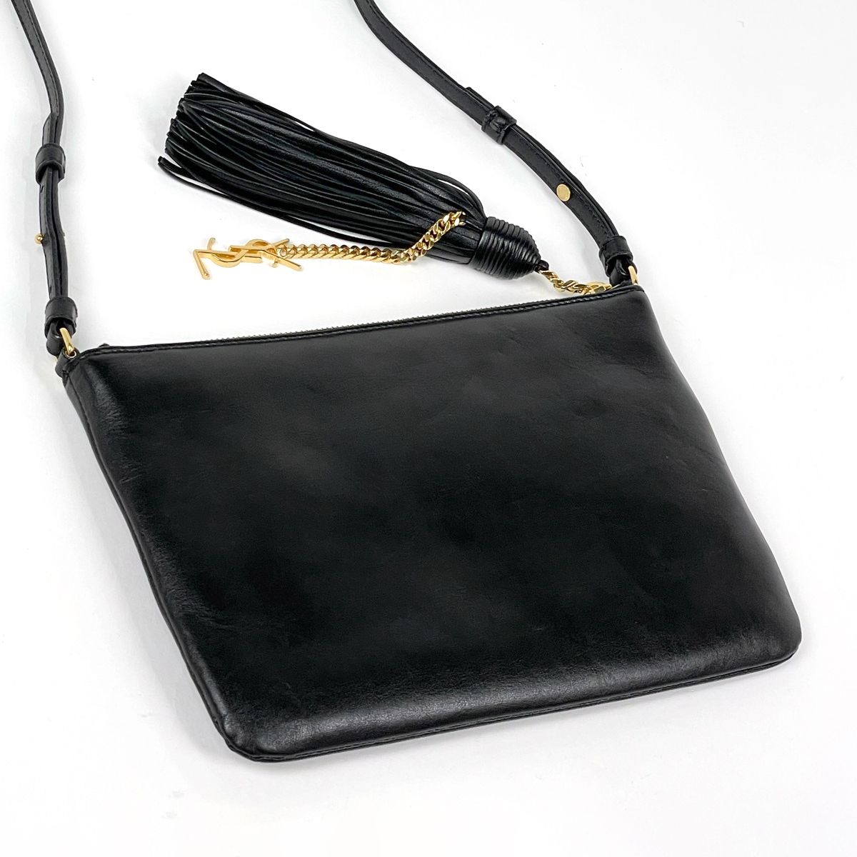 Saint Laurent Logo Shoulder Bag Fringe Leather Black — view 2